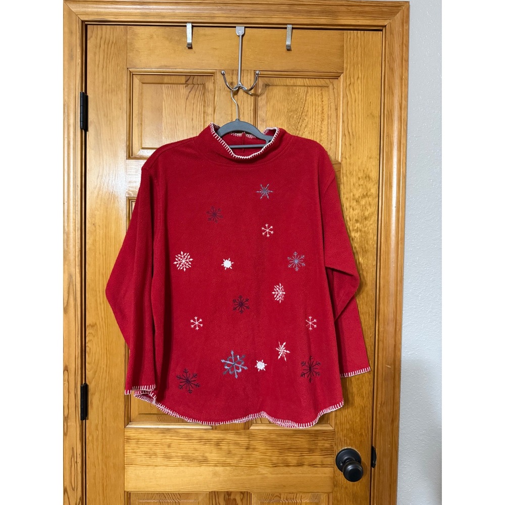 Basic Editions Red Snowflake Fleece Mock Neck Top Women's Size L Winter Holiday